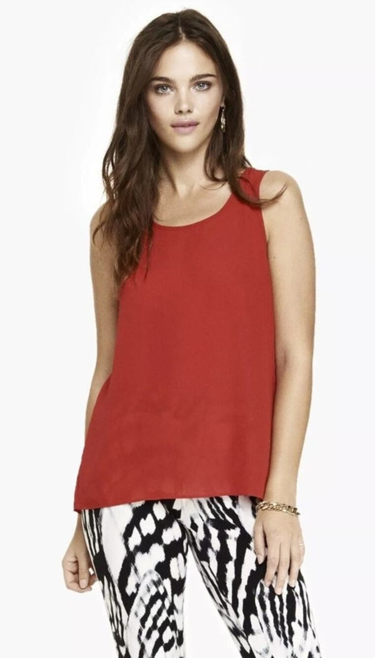 Express Sheer Split‑Back Sleeveless Top – Sz L Red Chic Workwear Boss Babe